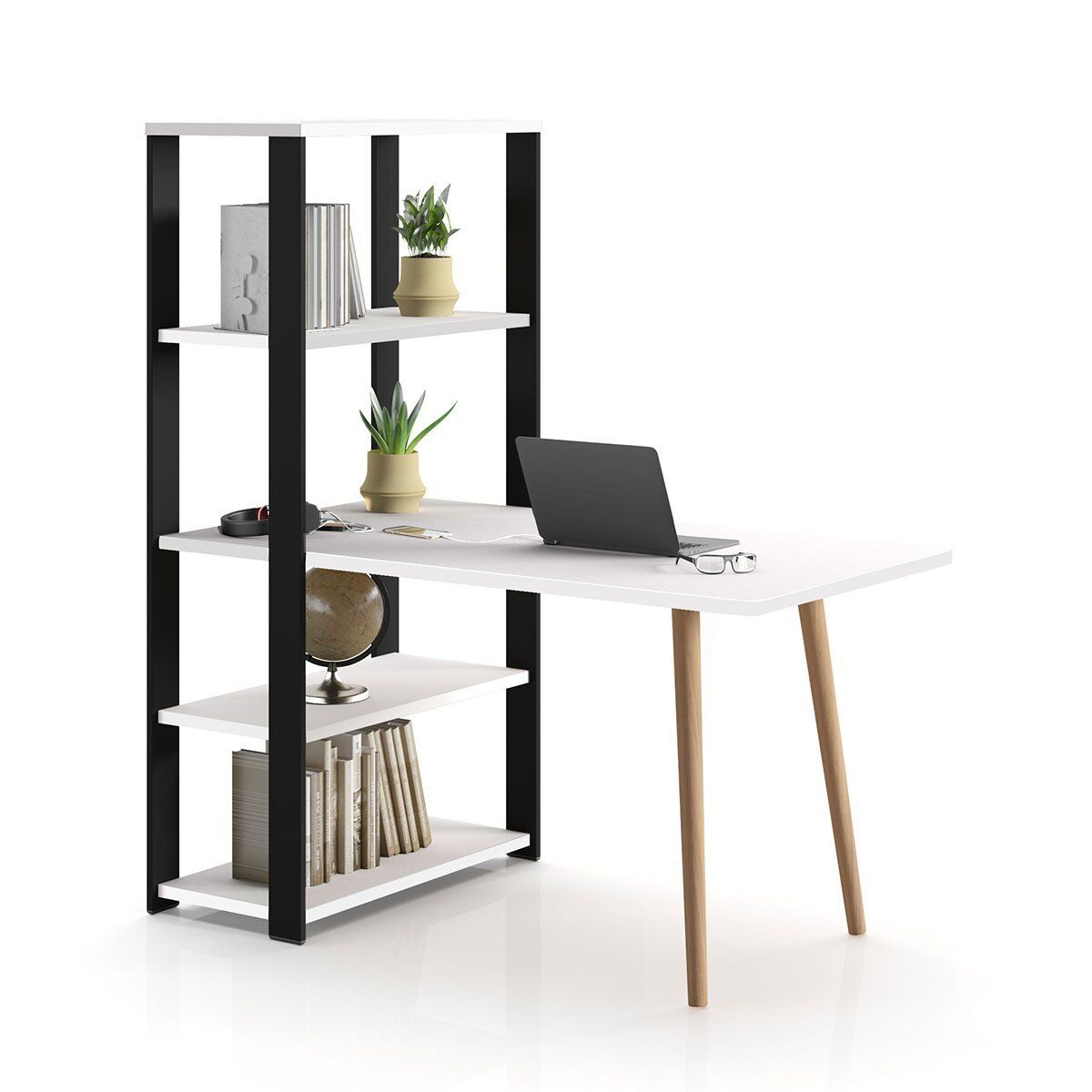 Ilanna Kitaplıklı Çalışma Masası 140X80 H157 cm Beyaz - Naturel Meşe Ayak