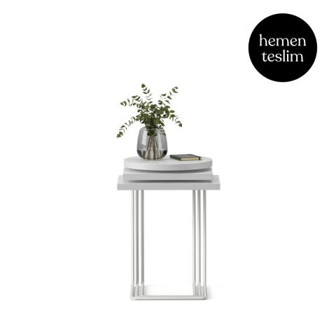 Bremen Zigon Sehpa 3'lü Set Parlak Beyaz Laminant Satin Epoksi Açık Gri Ayak