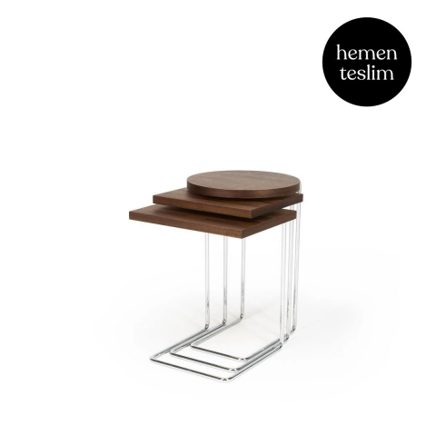 Bremen Zigon Sehpa 3'lü Set Desensiz Smoked Meşe Kromaj Ayak