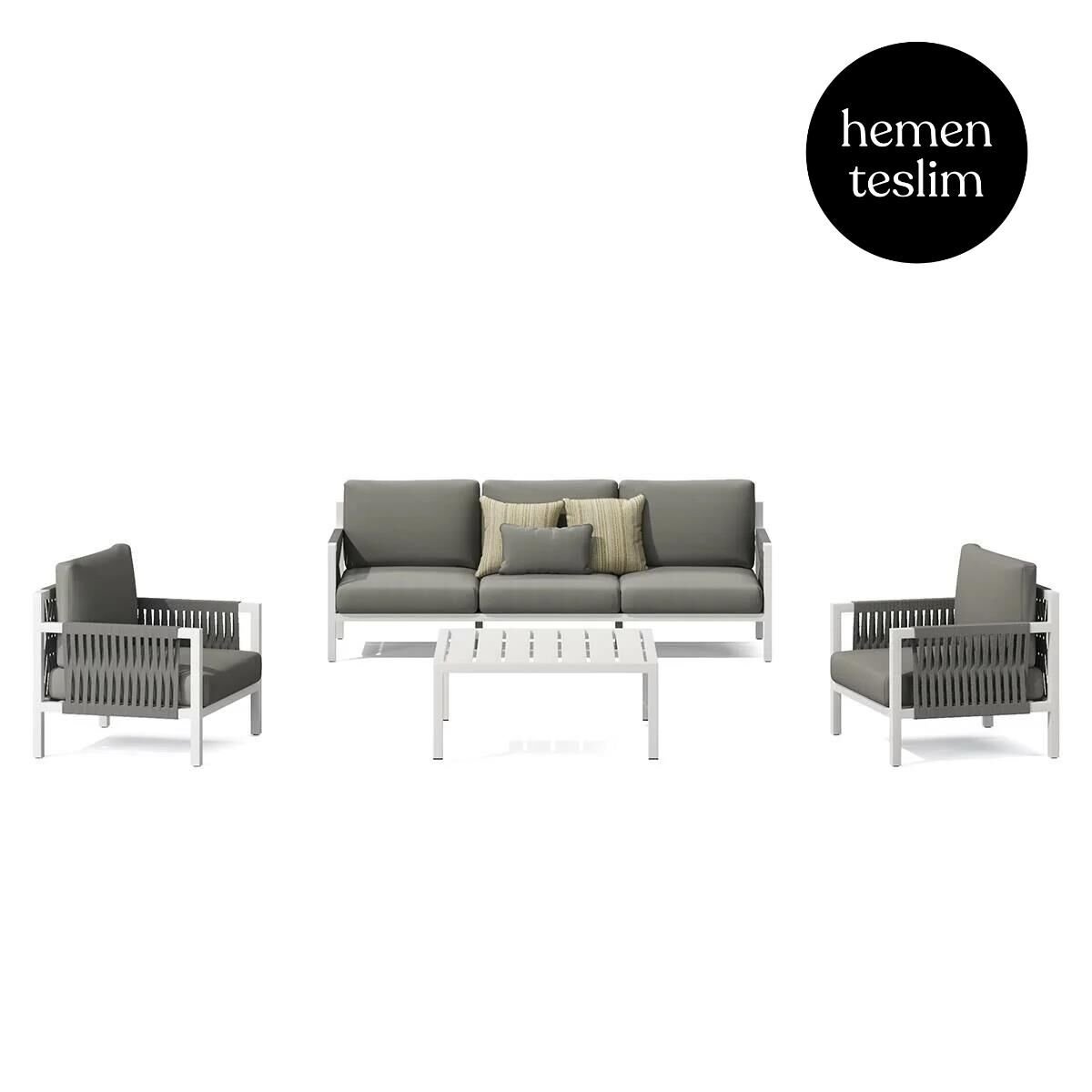 Alba Bahçe Beyaz Oturma Grubu Gri Minderli Kare Sehpa