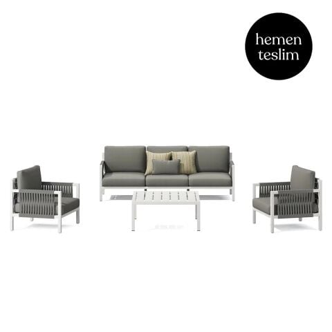 Alba Bahçe Beyaz Oturma Grubu Gri Minderli Kare Sehpa