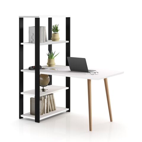 Ilanna Kitaplıklı Çalışma Masası 140X80 H157 cm Beyaz - Naturel Meşe Ayak