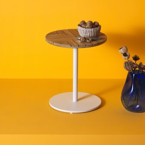 WO Leaf Sehpa Ø 40 Beyaz Alüminyum/Teak