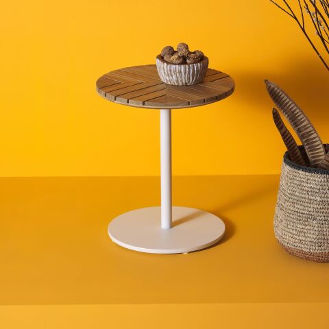 WO Leaf Sehpa Ø 40 Beyaz Alüminyum/Teak