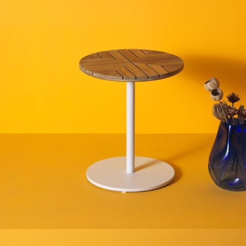 WO Leaf Sehpa Ø 40 Beyaz Alüminyum/Teak