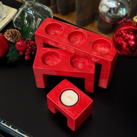 Pare Seramik 3'lü Mumluk Seti Kırmızı